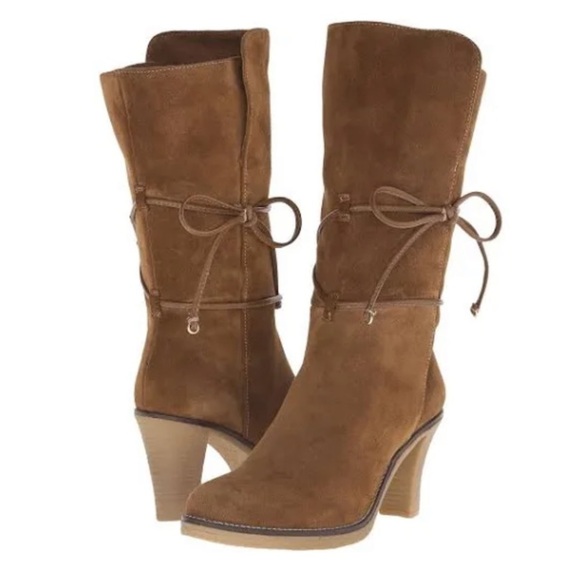 Johnston & Murphy “Jeanie Wrap” Chestnut Brown Suede 3” Heels Sz 7 Comfort Boots - Picture 1 of 16